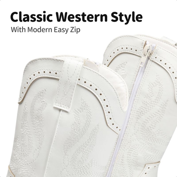 Kids Embroidery Western Cowboy Boots - WHITE - 3